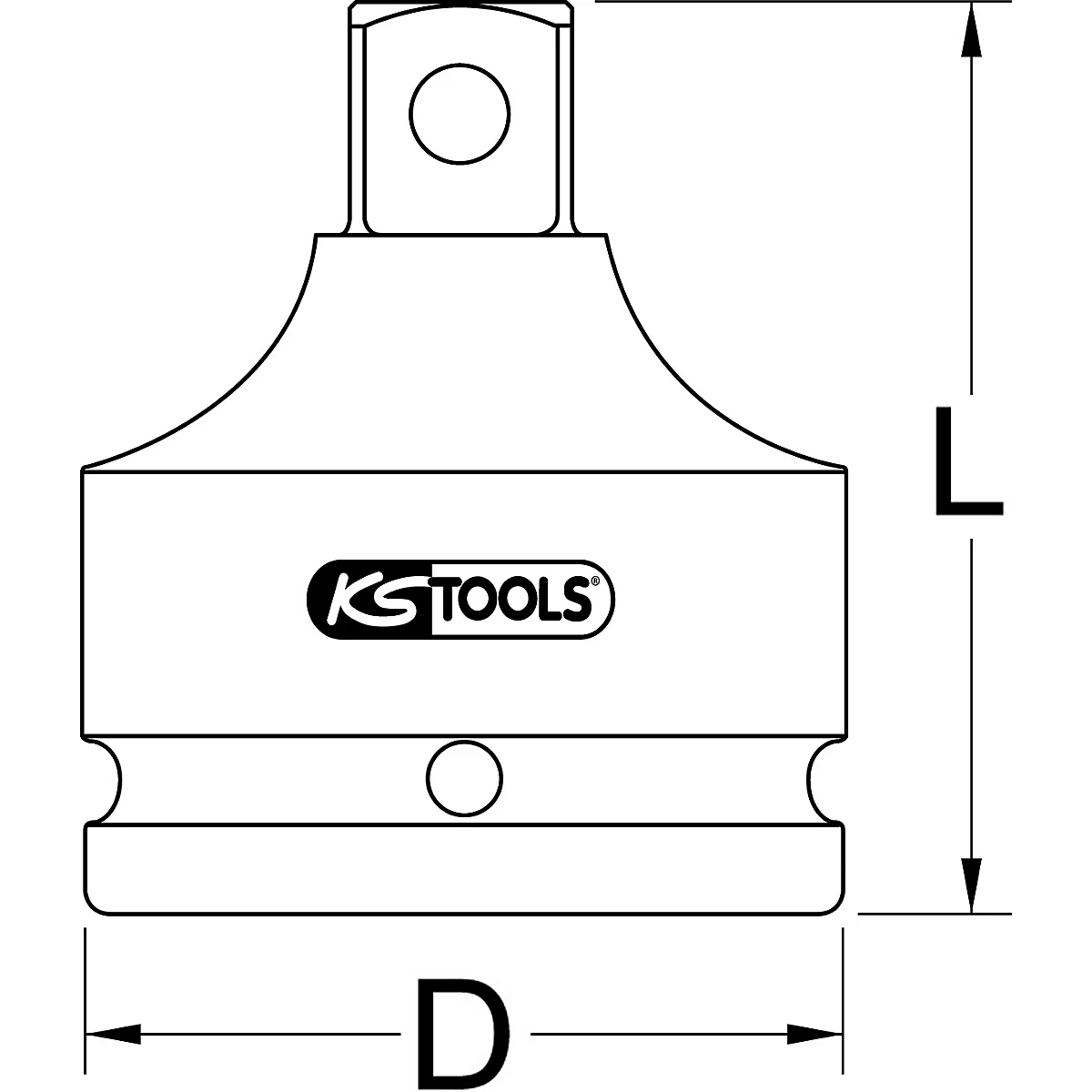 Werkzeugaufsatz von KS TOOLS. Schwarzweiss Zeichnung mit Massen D und L, sowie dem Logo.